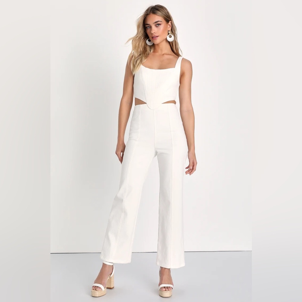 Lulus Icon Ivory Bustier Cutout Straight Leg Denim Jumpsuit